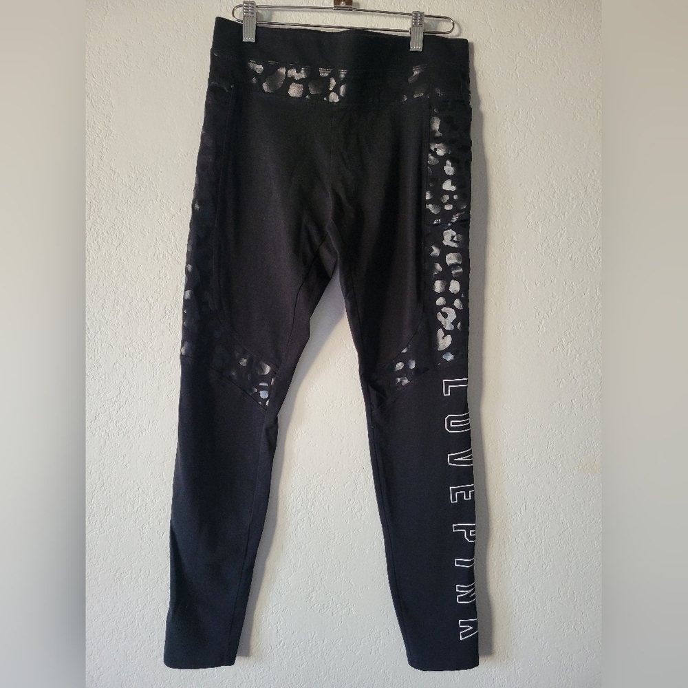 PINK Yoga Victoria Secret Black Leggings with Leopard Print and Text - Picture 2 of 9